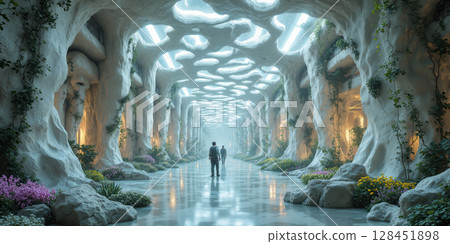 Living Material Laboratory Self-healing infrastructure visualization showing bioactive maintenance patterns, responsive structure abstract, adaptive building in biological intelligence 128451898