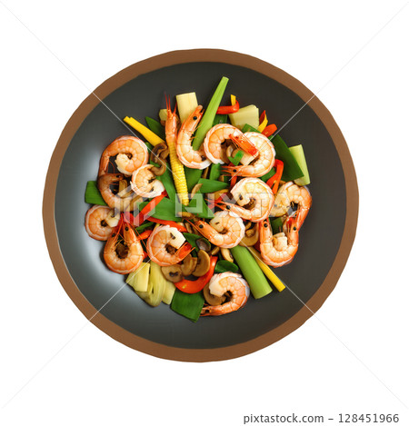 Goong Pad Satar - Stir-fried shrimp with a Thai herb and tamarind sauce, combined with fresh vegetables like baby corn 128451966