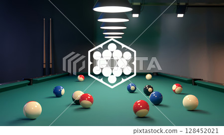 An illustration of a snooker billiards logo. There are billiard balls in different shapes and sizes scattered on a green table 128452021