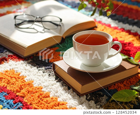 舒適的閱讀時光:被熱茶和書籍包圍的幸福空間 舒適的閱讀時光:被熱茶和書籍包圍的幸福空間 128452034