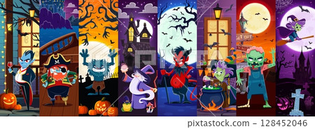 Cartoon scary Halloween characters collage. Funny witch, zombie, dracula vampire and wizard, devil demon, werewolf and dead pirate vector characters with Halloween holiday pumpkins, bats and graveyard 128452046