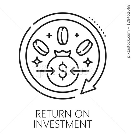 Investment return, finance line icon or emblem. Stock market capital startup vector pictogram, trade investment return outline symbol. Finance investor fund line icon or sign with dollar coins bag 128452068