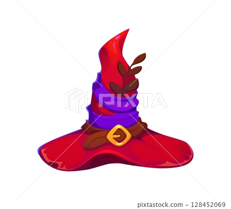 Cartoon Halloween witch and wizard hat with red color, crooked shape, adorned with purple ribbon, plant branch and buckle. Isolated vector whimsical holiday magical cap, party or magician garment 128452069