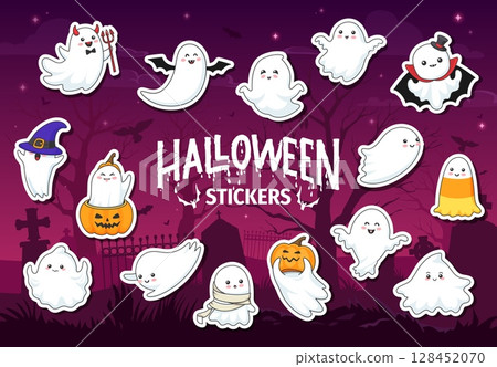Cartoon Halloween kawaii ghost characters stickers pack. Vector set with cute spooky spirit, phantom, ghoul and monster personages in costumes like devil, vampire, witch, mummy, pumpkin and candy Cartoon Halloween kawaii ghost characters stickers pack. Vector set with cute spooky spirit, phantom, ghoul and monster personages in costumes like devil, vampire, witch, mummy, pumpkin and candy 128452070