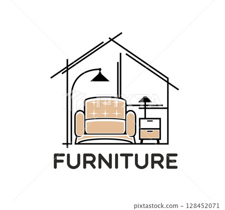 Home interior design and furniture line icon. Real estate realtor company minimal symbol. Interior design or architect bureau vector sign, furniture store icon with armchair, bedside table and lamp 128452071