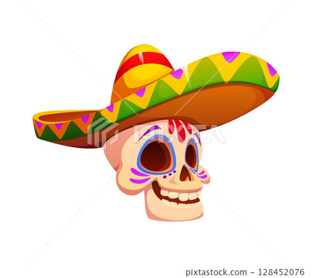 Cartoon day of the dead dia de los Muertos skull Mexican character, national holiday mariachi musician in traditional sombrero. Isolated vector calaca head, symbol of national Halloween Latin festival Cartoon day of the dead dia de los Muertos skull Mexican character, national holiday mariachi musician in traditional sombrero. Isolated vector calaca head, symbol of national Halloween Latin festival 128452076