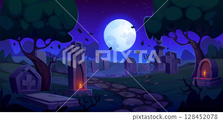 Cartoon Halloween cemetery landscape with tombstones on graves, vector background. Halloween horror night holiday graveyard with full moon and burning candles on tombs in spooky cemetery landscape Cartoon Halloween cemetery landscape with tombstones on graves, vector background. Halloween horror night holiday graveyard with full moon and burning candles on tombs in spooky cemetery landscape 128452078