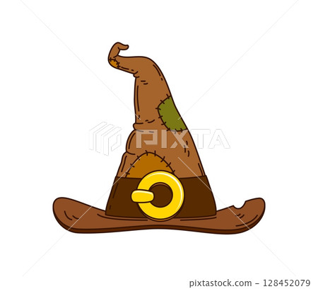 Groovy cartoon Halloween witch hat, holiday symbol for horror night, vector icon. Groovy witch hat of wizard, magician or sorcerer with patches an golden buckle for Halloween trick or treat holiday Groovy cartoon Halloween witch hat, holiday symbol for horror night, vector icon. Groovy witch hat of wizard, magician or sorcerer with patches an golden buckle for Halloween trick or treat holiday 128452079