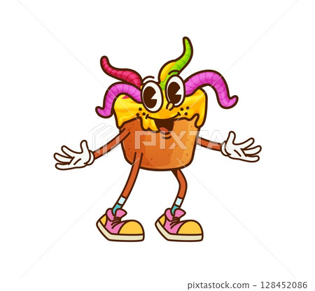 Cartoon groovy Halloween cupcake with jelly worms, festive sweet bakery character. Isolated vector traditional confectionery muffin dessert with earthworms in head. Cute spooky cake retro personage Cartoon groovy Halloween cupcake with jelly worms, festive sweet bakery character. Isolated vector traditional confectionery muffin dessert with earthworms in head. Cute spooky cake retro personage 128452086