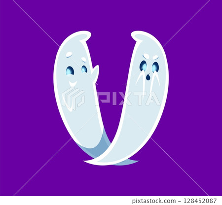 Halloween font V letter ghost cartoon comical character. Creepy phantom mascot latin alphabet element, spooky monster personage or spirit character font typeset vector symbol. English ABC ghost letter 128452087