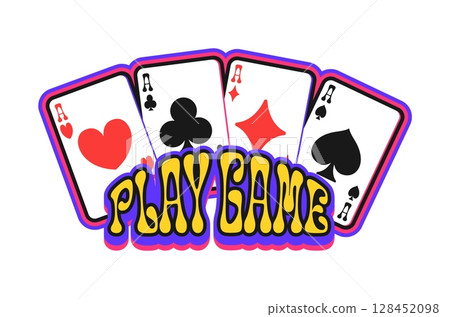 Casino playing card four aces Y2K groovy sticker. Casino fortune Y2K vector label, poker game jackpot 60s tag. Vegas luck sticker with playing card ace of spades, heart, diamond and club suits 128452098