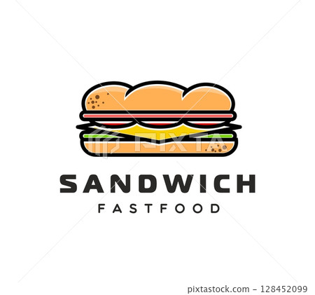 Sandwich icon, fast food meal or snack symbol. Takeout cafe american sandwich vector emblem, fast food delicious meal symbol. Street food menu tasty snack with salad, cheese and meat icon Sandwich icon, fast food meal or snack symbol. Takeout cafe american sandwich vector emblem, fast food delicious meal symbol. Street food menu tasty snack with salad, cheese and meat icon 128452099