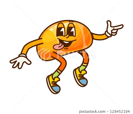 Cartoon groovy Halloween jelly candy sweet character. Isolated vector funny holiday dragee retro personage happily laughing. Caramel dessert for kids trick or treat party, cheerful patisserie snack 128452104