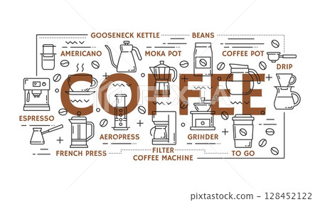 Coffee drink line icons, outline pictograms set. Coffee making equipment outline vector sign, lineart icon. Espresso and filter machine, cezve, moka pot, kettle and aeropress symbol or pictogram Coffee drink line icons, outline pictograms set. Coffee making equipment outline vector sign, lineart icon. Espresso and filter machine, cezve, moka pot, kettle and aeropress symbol or pictogram 128452122