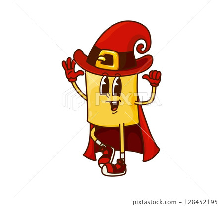 Groovy pasta wizard, Halloween cartoon character with funny face, vector personage. Halloween holiday pasta cartoon character with silly smile in witch hat and magician mantle or mage magic cape Groovy pasta wizard, Halloween cartoon character with funny face, vector personage. Halloween holiday pasta cartoon character with silly smile in witch hat and magician mantle or mage magic cape 128452195