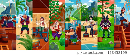 Funny pirate and corsair sailor cartoon characters. Woman pirate captain holding pistol and hunting treasure personages. Drunk cheerful filibusters, evil corsair man sailor on beach vector character 128452199