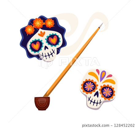 Day of the Dead font incense stick and sugar skull punctuation percent symbol. Mexican holiday type vector element, death carnival typeset special symbol. Mexico Day of the Dead typeface mark or sign Day of the Dead font incense stick and sugar skull punctuation percent symbol. Mexican holiday type vector element, death carnival typeset special symbol. Mexico Day of the Dead typeface mark or sign 128452202
