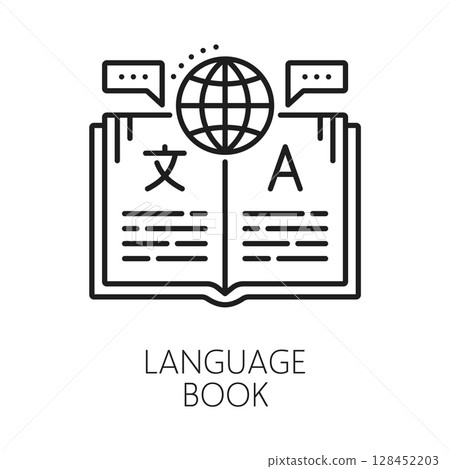 English language translation book line icon or pictogram. Language dictionary lineart vector icon, foreign speech vocabulary sign. English translation pictogram with opened textbook and planet globe English language translation book line icon or pictogram. Language dictionary lineart vector icon, foreign speech vocabulary sign. English translation pictogram with opened textbook and planet globe 128452203