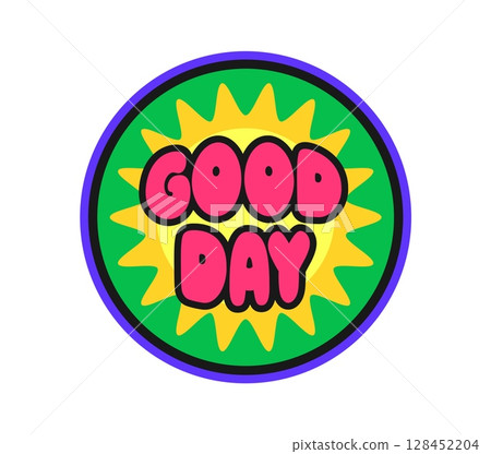 Good day Y2k funky sticker or print. Vintage comic Y2K vector label, cute groovy sticker. Round shape 80s hippie cartoon patch or funky tag with hot sun and thick pink color typography Good day Y2k funky sticker or print. Vintage comic Y2K vector label, cute groovy sticker. Round shape 80s hippie cartoon patch or funky tag with hot sun and thick pink color typography 128452204