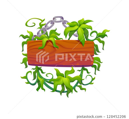 Wooden plank sign board with chain and jungle lianas. Entrance or road direction isolated cartoon vector sign board. Hanging wooden signboard, information message blank signpost with jungle leaves 128452206
