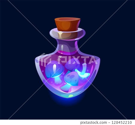 Magic potion bottle for Halloween, luminous mushrooms poison or elixir, cartoon vector. Halloween holiday liquid spell or poison and magic potion glass bottle with glowing toadstool substance drink 128452210