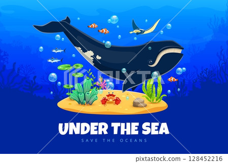 Save the oceans banner with cute cartoon whale and sea animals. Marine ecology and underwater life protection vector poster of save oceans flyer with giant whale, manta ray, crab and corals, seaweed Save the oceans banner with cute cartoon whale and sea animals. Marine ecology and underwater life protection vector poster of save oceans flyer with giant whale, manta ray, crab and corals, seaweed 128452216