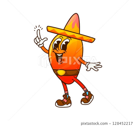 Cartoon groovy mango fruit mexican cowboy character. Tropical juicy fruit, vegetarian food cheerful groovy vector Wild West personage. Whole ripe mango funny character wearing mexican sombrero hat Cartoon groovy mango fruit mexican cowboy character. Tropical juicy fruit, vegetarian food cheerful groovy vector Wild West personage. Whole ripe mango funny character wearing mexican sombrero hat 128452217