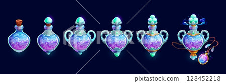 Magic air, game rank badge for level progress stage and cartoon asset, vector GUI element. UI. Magic air in lamp or bottle vial, energy or power elixir for game rank badge and level progress stage Magic air, game rank badge for level progress stage and cartoon asset, vector GUI element. UI. Magic air in lamp or bottle vial, energy or power elixir for game rank badge and level progress stage 128452218