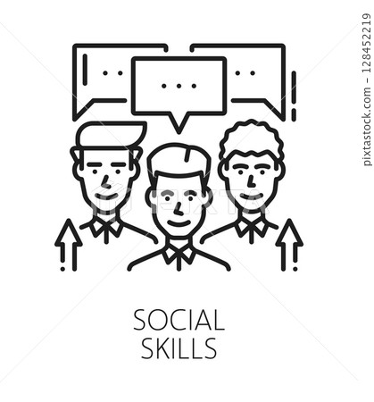 Social and life skills line icon or sign. Personal social skills ability lineart vector icon, people personal qualities linear symbol. Personality potential pictogram with communicating man personages Social and life skills line icon or sign. Personal social skills ability lineart vector icon, people personal qualities linear symbol. Personality potential pictogram with communicating man personages 128452219