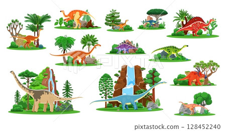 Cartoon prehistoric dinosaur characters isolated vector set. Ancient dino reptiles in their natural habitat landscapes. Herbivore, carnivore and omnivore animal species of Jurassic or mesozoic era Cartoon prehistoric dinosaur characters isolated vector set. Ancient dino reptiles in their natural habitat landscapes. Herbivore, carnivore and omnivore animal species of Jurassic or mesozoic era 128452240