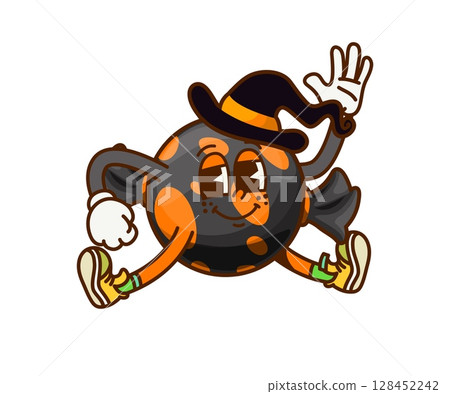 Cartoon groovy Halloween candy character. Vector cute sweet toffee in black wrap with orange dots and witch hat. Dessert, caramel snack for kids trick or treat party. Holiday confectionery personage Cartoon groovy Halloween candy character. Vector cute sweet toffee in black wrap with orange dots and witch hat. Dessert, caramel snack for kids trick or treat party. Holiday confectionery personage 128452242