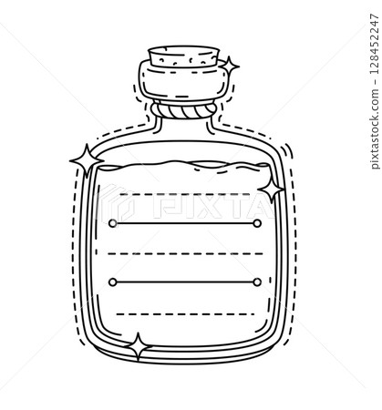 Potion glass bottle kids memo note template. Diary linear vector template, to do list frame. Kid schedule outline memo note or children scrapbook checklist with magic elixir, pirate rum bottle Potion glass bottle kids memo note template. Diary linear vector template, to do list frame. Kid schedule outline memo note or children scrapbook checklist with magic elixir, pirate rum bottle 128452247