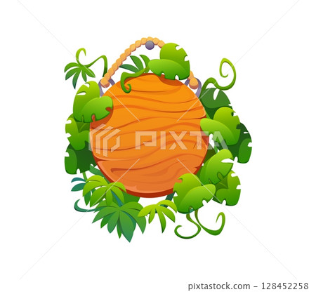 Wooden round sign board with tropical jungle lianas. Information message blank sign board, isolated cartoon vector signboard. Handing on rope road wooden signpost or banner with jungle shrub leaves Wooden round sign board with tropical jungle lianas. Information message blank sign board, isolated cartoon vector signboard. Handing on rope road wooden signpost or banner with jungle shrub leaves 128452258