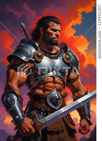 A portrait illustration of a muscular male warrior for a fantasy TRPG character sheet 128452307
