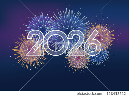 新年素材：慶祝新年的煙火背景插圖和2026年的標誌 128452312