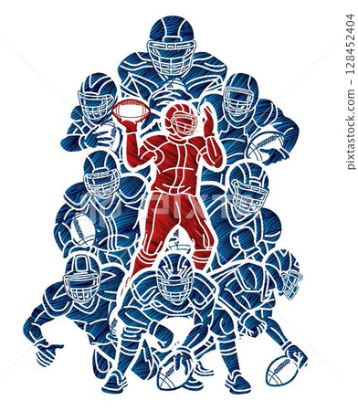 American Football Players Mix Action Cartoon Sport Graphic Vector 128452404