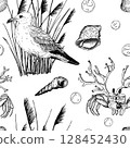 Black and white marine seamless pattern with a seagull standing among reeds, surrounded by seashells, a crab, coral, and bubbles. Vector illustration. Hand drawn style perfect for nautical designs. 128452430