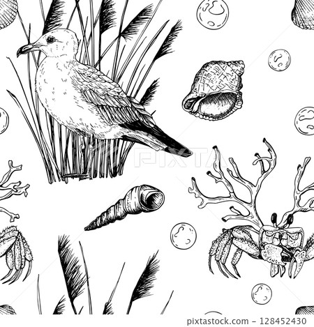 Black and white marine seamless pattern with a seagull standing among reeds, surrounded by seashells, a crab, coral, and bubbles. Vector illustration. Hand drawn style perfect for nautical designs. Black and white marine seamless pattern with a seagull standing among reeds, surrounded by seashells, a crab, coral, and bubbles. Vector illustration. Hand drawn style perfect for nautical designs. 128452430