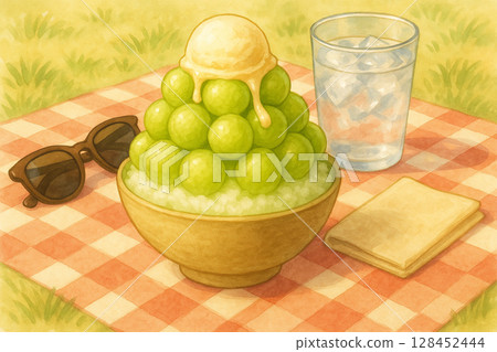 Watercolor Picnic Scene With Melon Bingsu On Checkered Blanket 128452444