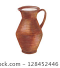 Watercolor illustration of a clay jug with milk and a handle, hand-painted on a white background. Suitable for postcards, stickers, scrapbooking, and rustic design projects 128452446