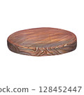 Watercolor illustration of a round wooden cutting board, hand-painted on a white background. Suitable for postcards, stickers, scrapbooking, farm-style and culinary design projects 128452447
