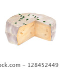 Watercolor illustration of a round hard cheese with a rind and herbs, hand-painted on a white background. Perfect for postcards, stickers, packaging, and rustic food design 128452449