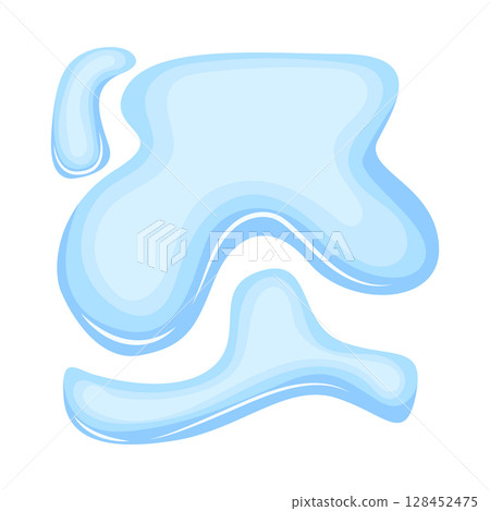 Water spill puddle. Blue liquid shape in flat cartoon style. Clean fluid drop design element isolated on white background Water spill puddle. Blue liquid shape in flat cartoon style. Clean fluid drop design element isolated on white background 128452475