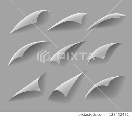 Curled paper corners. Curve page corner, pages edge curl and bent papers sheet with realistic shadow. Paper corner folds isolated on white background Curled paper corners. Curve page corner, pages edge curl and bent papers sheet with realistic shadow. Paper corner folds isolated on white background 128452481