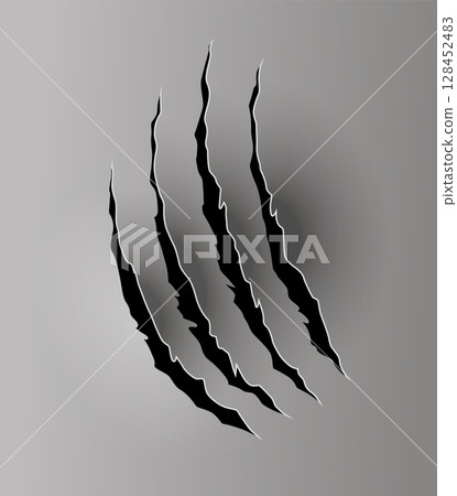 Bear or tiger claw mark. Scratches and torn traces of vector animal paw slashes. Hole in sheet of paper with torn edges. Vector illustration 128452483