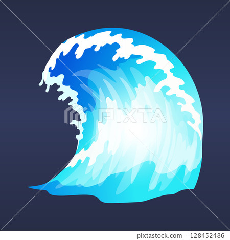 Sea ocean wave. Blue water ocean wave, marine surf wave, ripples tides sea storm, tsunami, tidal shape, splash water motion with spray isolated vector cartoon illustration Sea ocean wave. Blue water ocean wave, marine surf wave, ripples tides sea storm, tsunami, tidal shape, splash water motion with spray isolated vector cartoon illustration 128452486