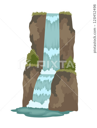 Cartoon river cascade waterfall. Landscape with mountains and trees. Design element for travel brochure or illustration mobile game. Fresh natural water 128452496