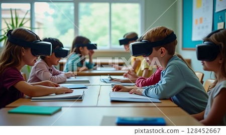 Children engaged in virtual reality learning activities in a classroom setting during school hours 128452667