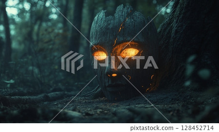 Glowing wooden mask emerging from forest ground 128452714