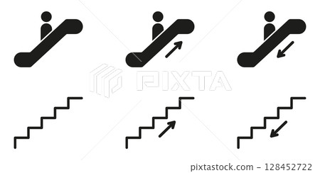Escalator And Stair Direction Solid Icons. Upward And Downward Movement, Navigation Silhouette Symbol Collection. Public Transport And Building Navigation. Isolated Vector Illustration 128452722